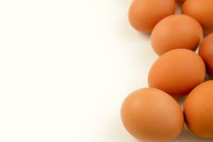 Fresh brown eggs on a white background. Copy space. photo