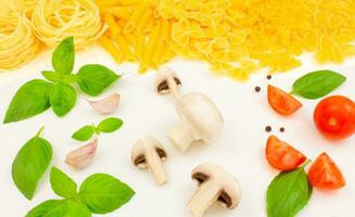 Ingredients for preparing different types of pasta. Italian cuisine. photo