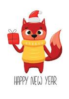 New year card with christmas fox holding gift red box. Vector