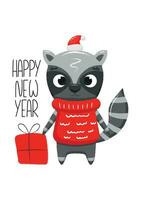 Postcard for new year 2024 with cartoon racoon in red hat and sweater with red gift vector