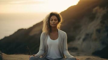 ai generado generativo ai, mujer haciendo meditación, estético apagado beige colores foto