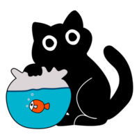 Cartoon, little black cat playing with goldfish png