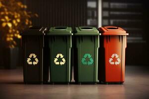 Row of multicolored trash cans with recycle symbols on them. Eco recycling concept. AI generated. photo