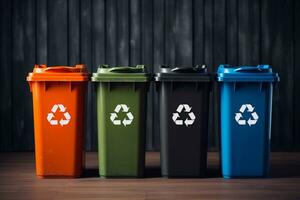 Multicolored trash cans with recycle symbols on them on wooden background. Eco recycling concept. AI generated. photo