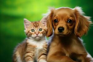 Cute tabby kitten and red puppy sitting together. Pets on green background, copy space. AI generated. photo