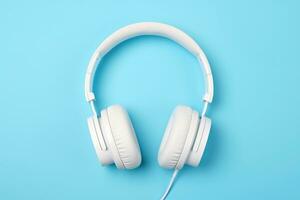 White headphones isolated on blue background. AI generated. photo