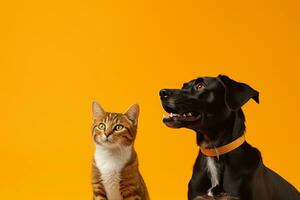 rojo atigrado gato y negro perro sentado juntos y mirando arriba. mascotas en naranja fondo, Copiar espacio. ai generado. foto