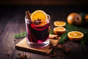 Glass of mulled wine with slices of oranges, cinnamon and anise on wooden table. AI generated. photo