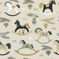 Christmas pattern with childish rocking horses on beige background. Pine branch. Holiday design for Textile, Fabrics, Wrapping paper, Gift boxes. vector