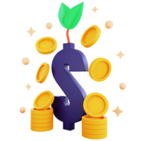 3d ícone dinheiro crescimento com folha isolado em a transparente fundo png