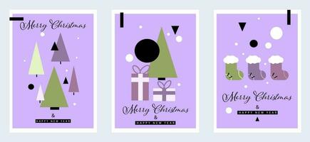 Merry Christmas and happy new year invitation card with Christmas tree, socks and presents on violet background vector