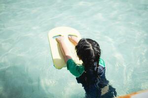 Asian child kid girl smiling funny wearing swimming suit using kick board to swimming or leaning training on swimming pool in water park. Water activity for children on summer holiday. photo