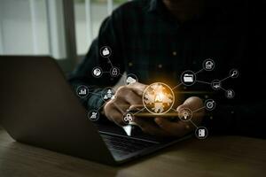Man using mobile and touch virtual digital Ai network chain. Digital transformation change management, internet of things, smart Ai technology, IoT concepts of business icons smart Internet of Things. photo