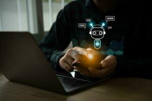 Businessman use smartphone mobile phone with digital chatbot, chat GPT, robot application, conversation assistant, AI Artificial Intelligence concept, digital chatbot virtual screen. Automatic AI. photo