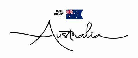 Bienvenido a Australia moderno caligráfico texto. escrito con bandera aislado en blanco antecedentes. palabra letras estilo, guion, línea dibujo, firma, caligrafía, monolina. vector ilustración