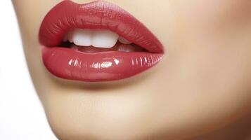 Close Up Of Lipstick-Adorned Lips, isolated on white background. Generative AI photo