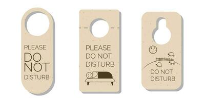 Set of Please Do not disturb door hanger signs, tags or labels with a person sleeping in bed. Hotel room door handle or knob hanging cards and warning messages on white background. Vector illustration