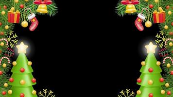 Noël Cadre décoration avec éléments de couronne, cloches, cadeaux, Noël arbre, kaoskaki sur pendaison corde et brillant étoile lumières. Noël vacances carte conception modèles et Ventes video