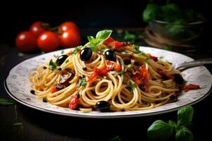 Spaghetti with tomatoes, olives and basil on a dark background, Spaghetti alla puttanesca - italian pasta dish with tomatoes, black olives, capers, anchovies and basil, AI Generated photo