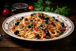 Spaghetti with olives and tomato sauce on a plate on a wooden table, Spaghetti alla puttanesca - italian pasta dish with tomatoes, black olives, capers, anchovies and basil, AI Generated photo