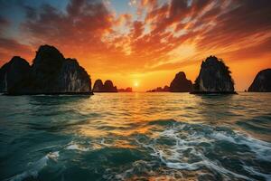 Beautiful sunset at Halong bay, Vietnam. Landscape with dramatic sky, seascape sunset at Halong Bay, AI Generated photo