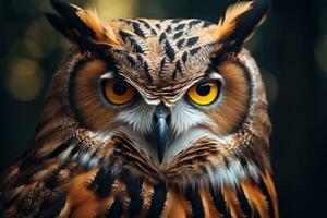 Portrait of a beautiful owl with yellow eyes, close-up, realistic Owl headshot with a closeup of face, AI Generated photo
