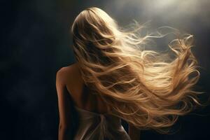 Portrait of a beautiful woman with long blond hair on dark background, rear view of a Beautiful young woman with long hair. back view of a girl with flying hair, AI Generated photo