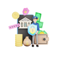 seguro bancario 3d personaje - ilustración para en línea financiero seguridad png