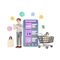 3D Character Man Choosing Products on App - Digital Shopping Delight png