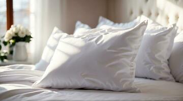 AI generated Pure white pillows and sheets on the bed with flowers and lens flair in the sunlight. photo