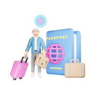 3d personaggio illustrazione con turista passaporto - pronto per avventura png