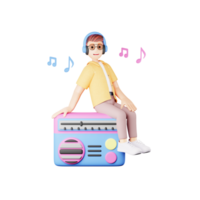 3D Cartoon Character Listening to Radio - Leisure and Entertainment Concept png