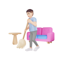 3d dibujos animados personaje de un hombre limpieza el piso - hogar higiene ilustración png