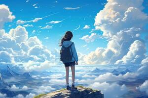 ai generado un niña mirando fuera dentro el nubes anime estilo ai generativo foto