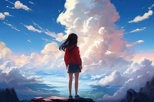 ai generado un niña mirando fuera dentro el nubes anime estilo ai generativo foto