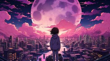 AI generated A girl looking out into the clouds. Anime style AI Generative photo