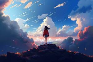 AI generated A girl looking out into the clouds. Anime style AI Generative photo