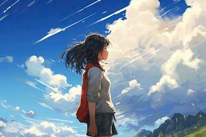 AI generated A girl looking out into the clouds. Anime style AI Generative photo