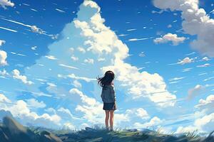 AI generated A girl looking out into the clouds. Anime style AI Generative photo