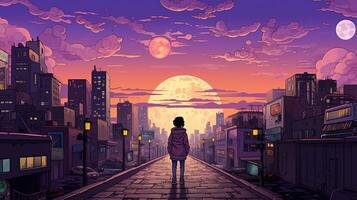 AI generated A girl looking out into the clouds. Anime style AI Generative photo