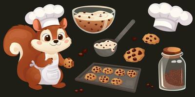 un conjunto de pegatinas para un receta para haciendo chocolate chip galletas. animal ardilla, confitero, preparando galletas. dibujos animados estilo vector