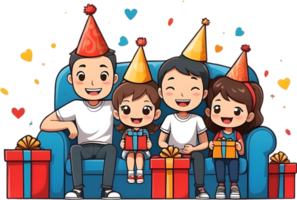 AI generated happy cartoon family sitting sofa with party hat ai generated png