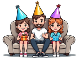 AI generated happy cartoon family sitting sofa with party hat ai generated png