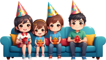 ai gerado feliz desenho animado família sentado sofá com festa chapéu ai gerado png