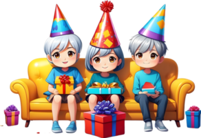 AI generated happy cartoon family sitting sofa with party hat ai generated png