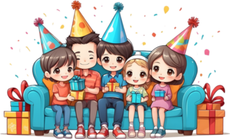 AI generated happy cartoon family sitting sofa with party hat ai generated png