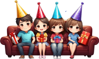 AI generated happy cartoon family sitting sofa with party hat ai generated png