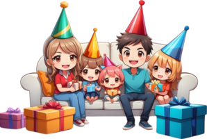 ai generato contento cartone animato famiglia seduta divano con festa cappello ai generato png