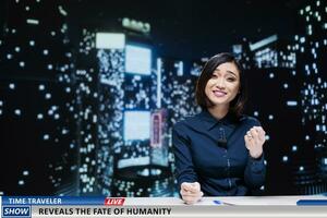 Time traveler gives insight about future, daily headlines presented by asian newscaster in newsroom. Woman reporter talking about fate of humanity and other secrets, transtemporal travel. photo