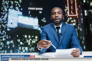 TV reporter discusses about anti aging drug discovered by medical scientists, miraculous experiment to preserve youth and stop growing old. African american newscaster on night show. photo